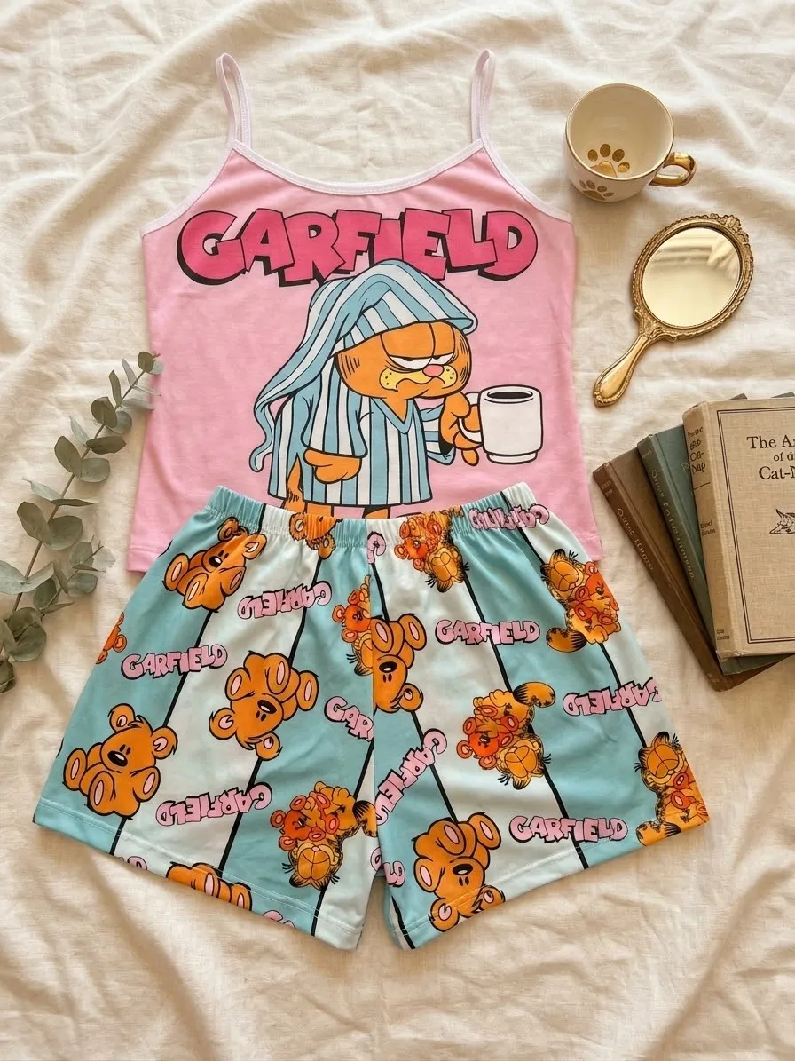 Pijama Corta Garfield con Café y Rayas Celestes Piel de Durazno