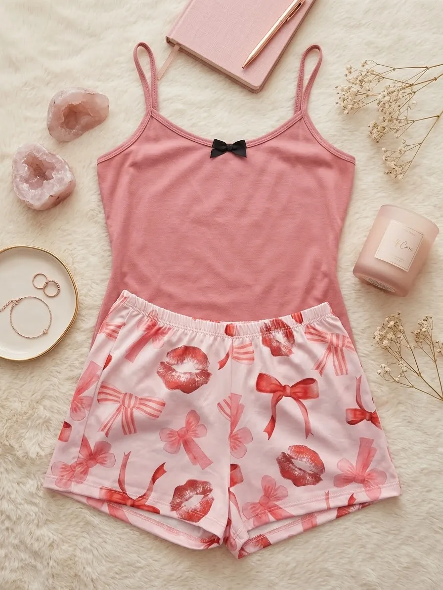 Pijama Corta Rosa Coquette con Lazos y Besos Piel de Durazno