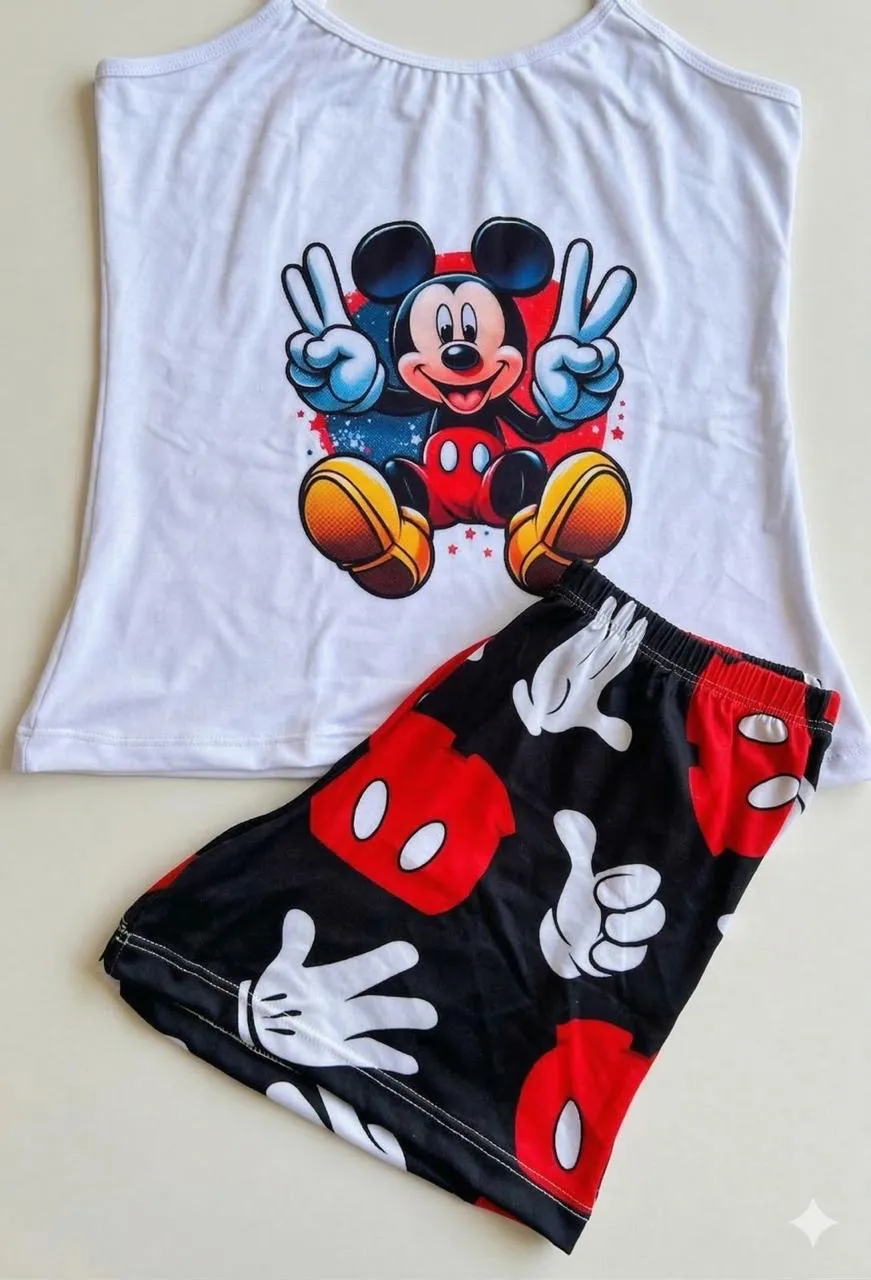 Pijama Corta Mickey Mouse Paz y Amor Blanco & Negro Piel de Durazno