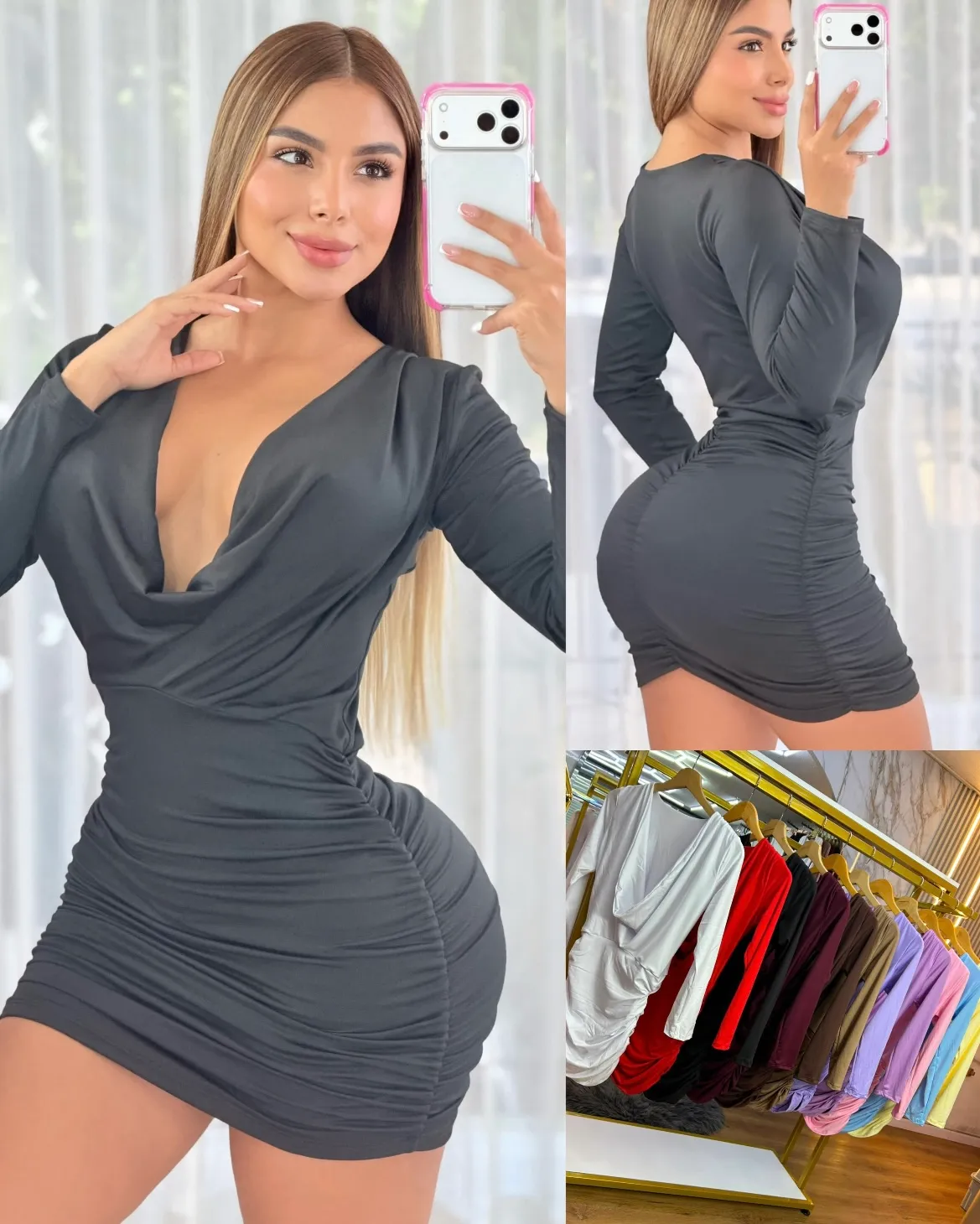 Vestido Corto Negro Manga Larga con Escote Drapeado en V